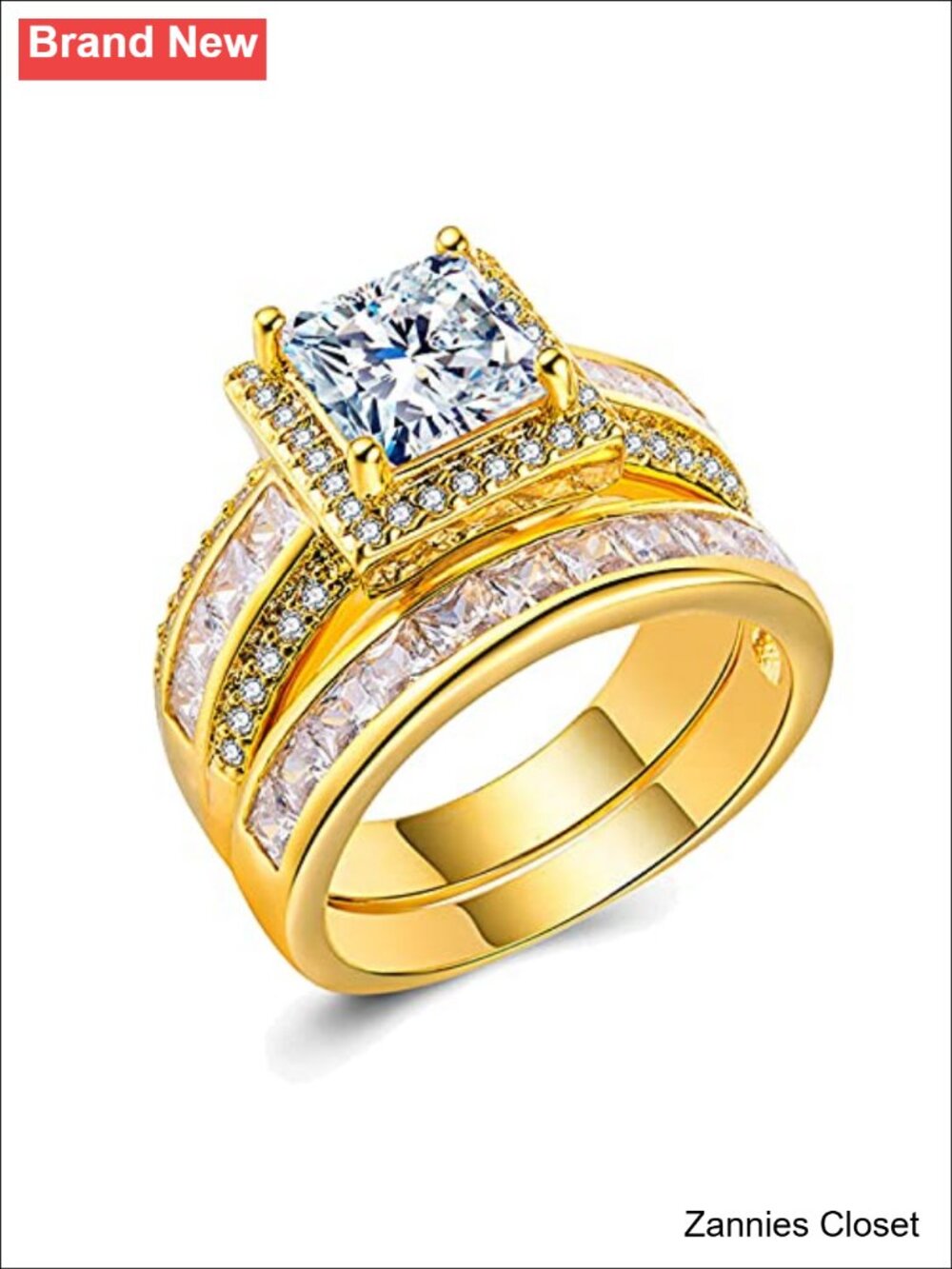 💍 Princess Cut Cubic Zirconia Halo Wedding Ring Set 18k White Gold Plated
